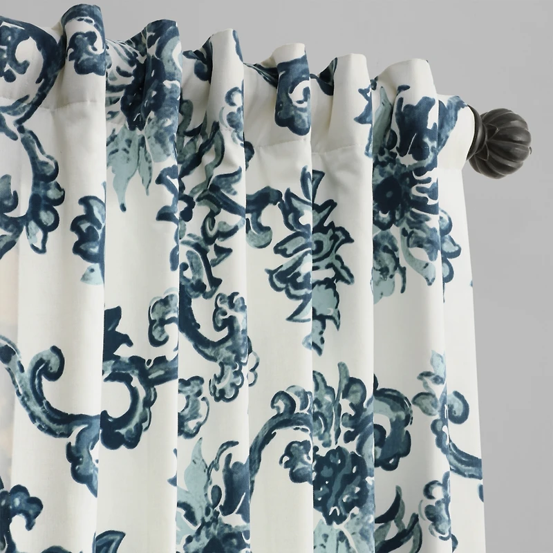 Half Price Drapes Indonesian Blue Floral Printed Cotton Room Darkening Curtain