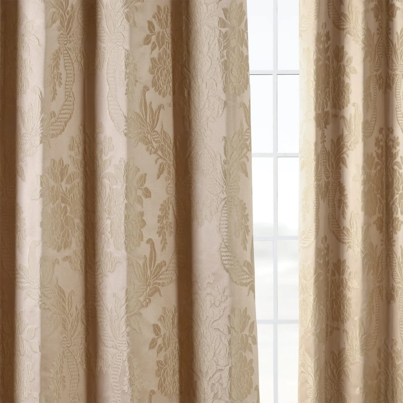 Half Price Drapes Magdelena Beige & Gold Damask Faux Silk Jacquard Room Darkening Curtain