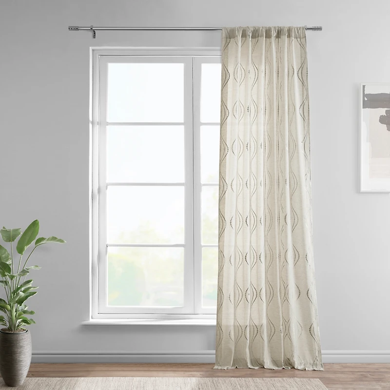 Half Price Drapes Suez Natural Embroidered Striped Patterned Faux Linen Sheer Curtain