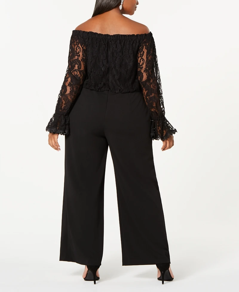Adrianna Papell Plus Size Off-The-Shoulder Lace Jumpsuit