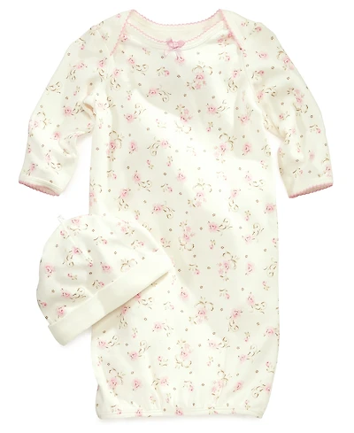 Little Me Baby Girls Vintage Rose Print Gown and Beanie, 2 Piece Set