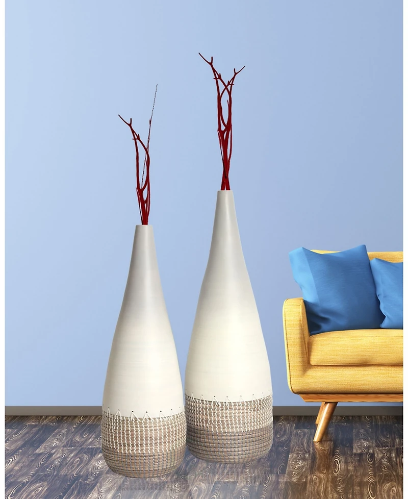 Uniquewise Spun Bamboo and Coiled Seagrass Patterned Vase, Set of 2