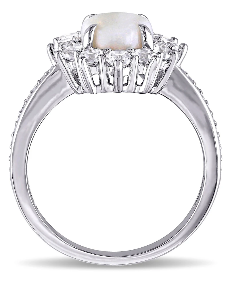 Oval Cut Opal (1 ct. t.w.), White Topaz t.w.) and Diamond (1/10 Halo Ring Sterling Silver