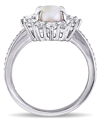 Oval Cut Opal (1 ct. t.w.), White Topaz t.w.) and Diamond (1/10 Halo Ring Sterling Silver