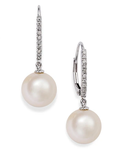 Cultured Freshwater Pearl (10mm) and Diamond (1/10 ct.t.w) Leverback Earrings 14k White Gold (Also available yellow gold)