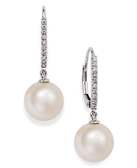 Cultured Freshwater Pearl (10mm) and Diamond (1/10 ct.t.w) Leverback Earrings 14k White Gold (Also available yellow gold)