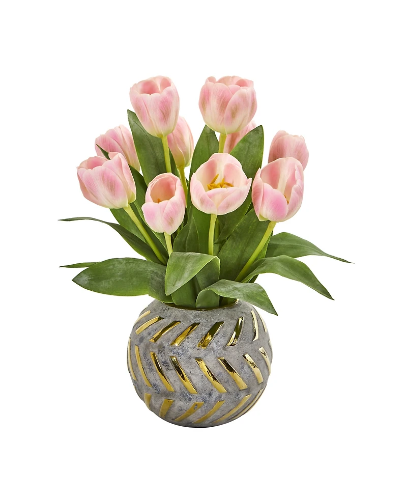 Nearly Natural Tulip Artificial Arrangement in Decorative Vase