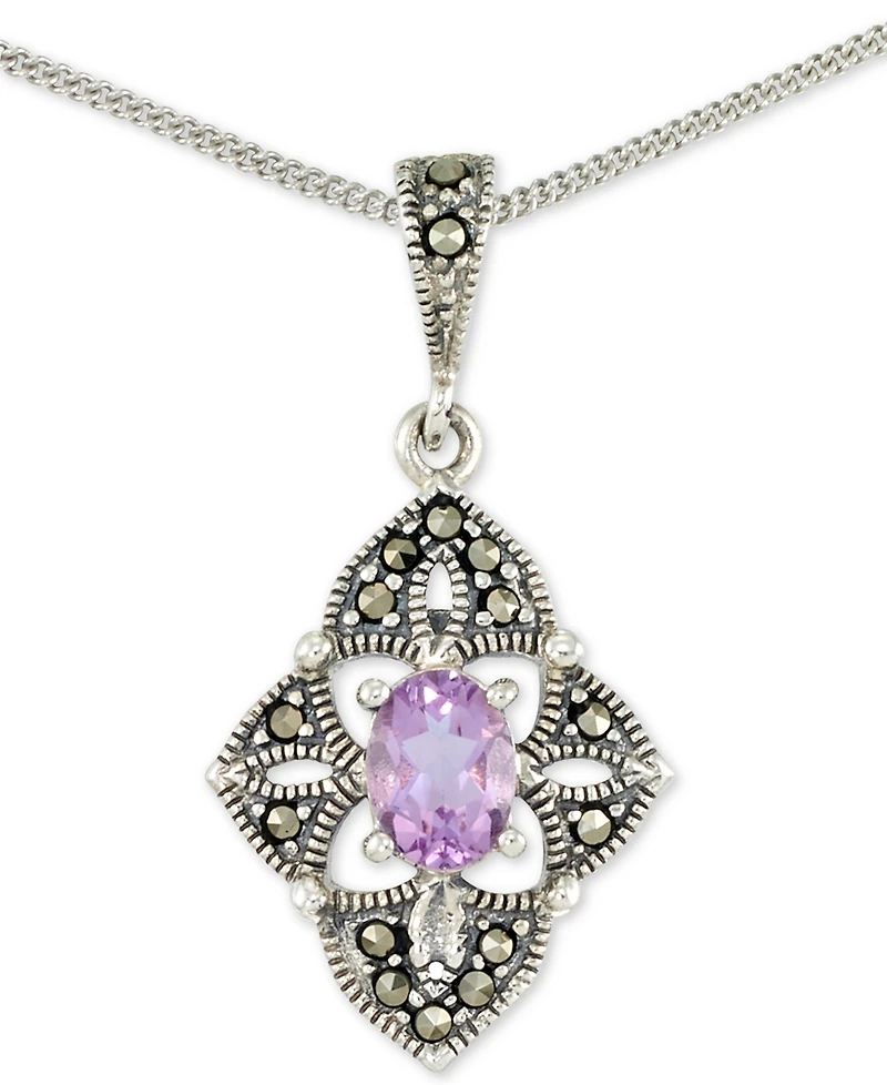 Amethyst (1/2 ct. t.w.) & Marcasite Flower 18" Pendant Necklace in Sterling Silver