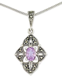 Amethyst (1/2 ct. t.w.) & Marcasite Flower 18" Pendant Necklace in Sterling Silver