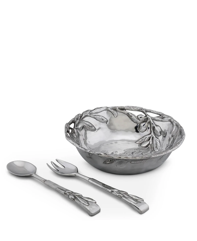 Arthur Court Sand-Cast Aluminum Salad Set, Olive Pattern, 3 Pieces Bowl Plus 2 Servers