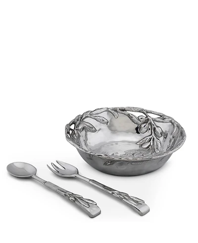 Arthur Court Sand-Cast Aluminum Salad Set, Olive Pattern, 3 Pieces Bowl Plus 2 Servers