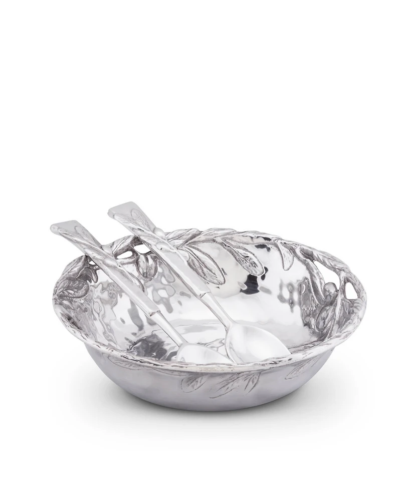 Arthur Court Sand-Cast Aluminum Salad Set, Olive Pattern, 3 Pieces Bowl Plus 2 Servers