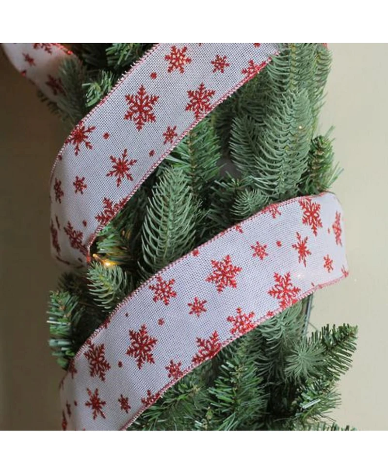 Northlight White and Red Snowflakes Burlap Wired Christmas Craft Ribbon 2.5" x 10 Yards