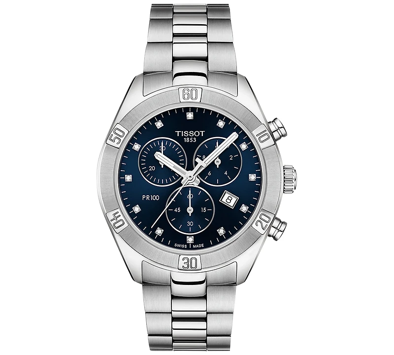 Tissot Women's Swiss Chronograph T-Classic Pr 100 Diamond (1/20 ct. t.w.) Gray Stainless Steel Bracelet Watch 38mm