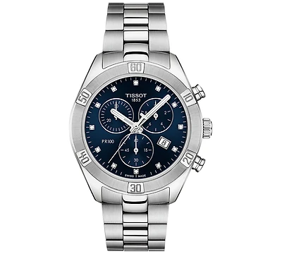 Tissot Women's Swiss Chronograph T-Classic Pr 100 Diamond (1/20 ct. t.w.) Gray Stainless Steel Bracelet Watch 38mm