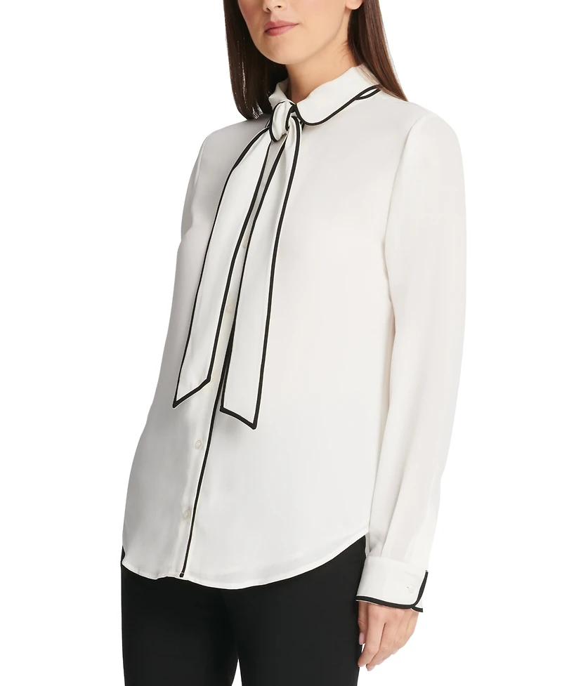 Dkny Petite Piped-Trim Button-Up Blouse, Created for Macy's