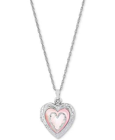 Pink Mother-of-Pearl Heart Locket 18" Pendant Necklace in Sterling Silver