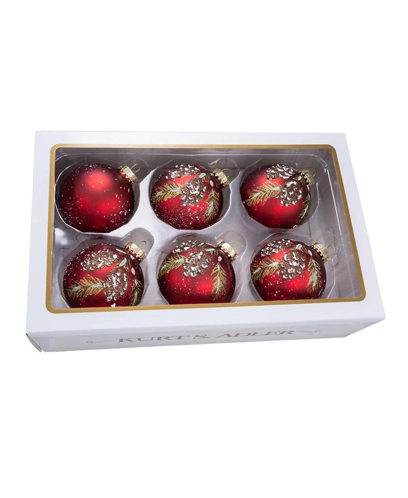 Kurt Adler 80MM Glass Red With Pinecone Design Ball Ornaments, 6 Piece Box Set