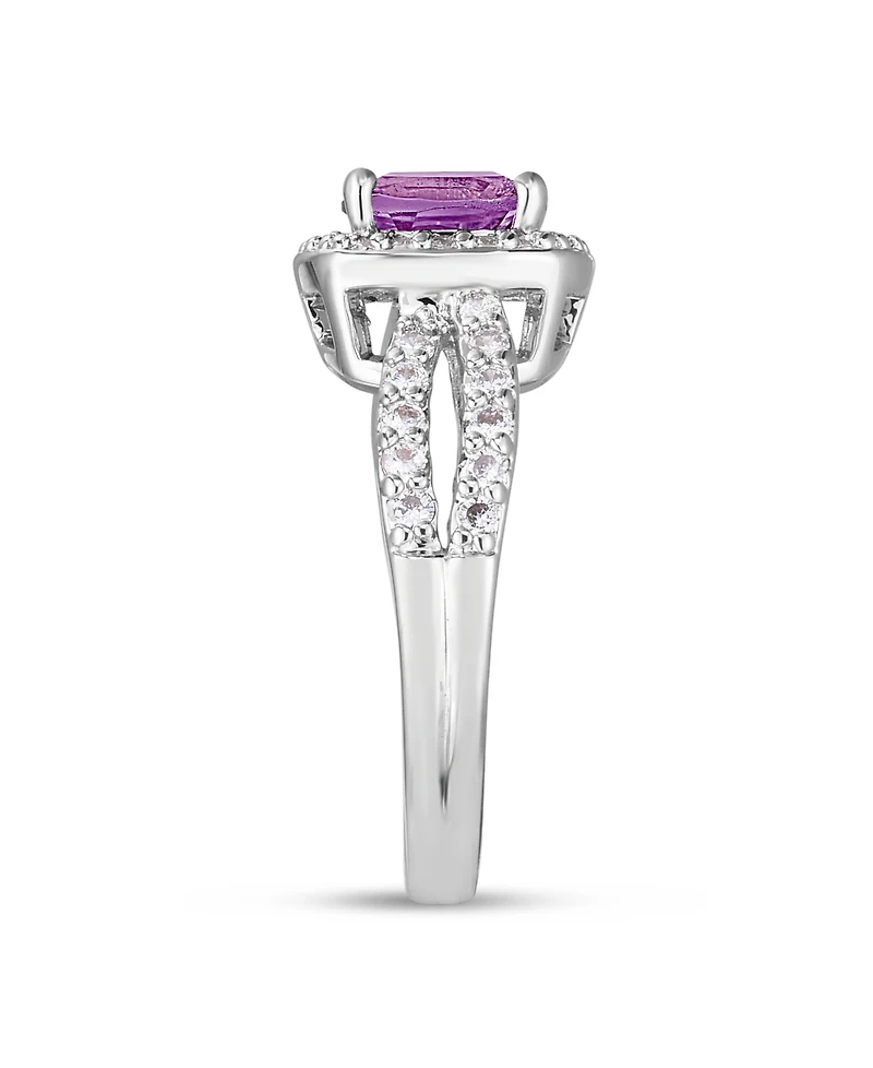 Simulated Birthstone Cushion Cubic Zirconia Halo Solitaire Ring Silver Plate