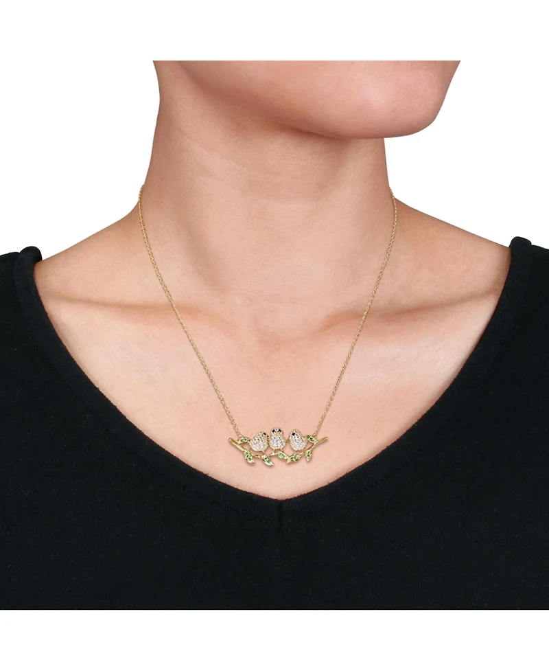 Lab Grown Blue and White Sapphire (1 1/4 ct. t.w.) Tsavorite (1/6 ct. t.w.) Leaf Chick Necklace in 18k Gold Over Sterling Silver