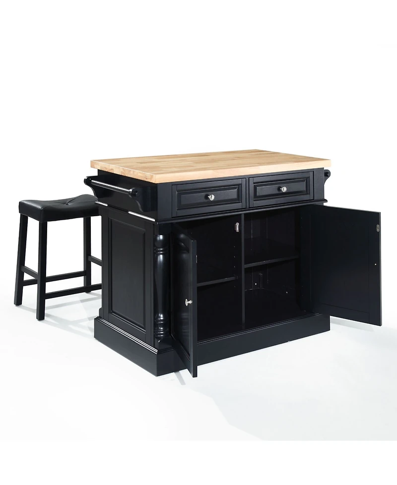 Crosley Oxford Butcher Block Top Kitchen Island With 24" Upholstered Saddle Stools