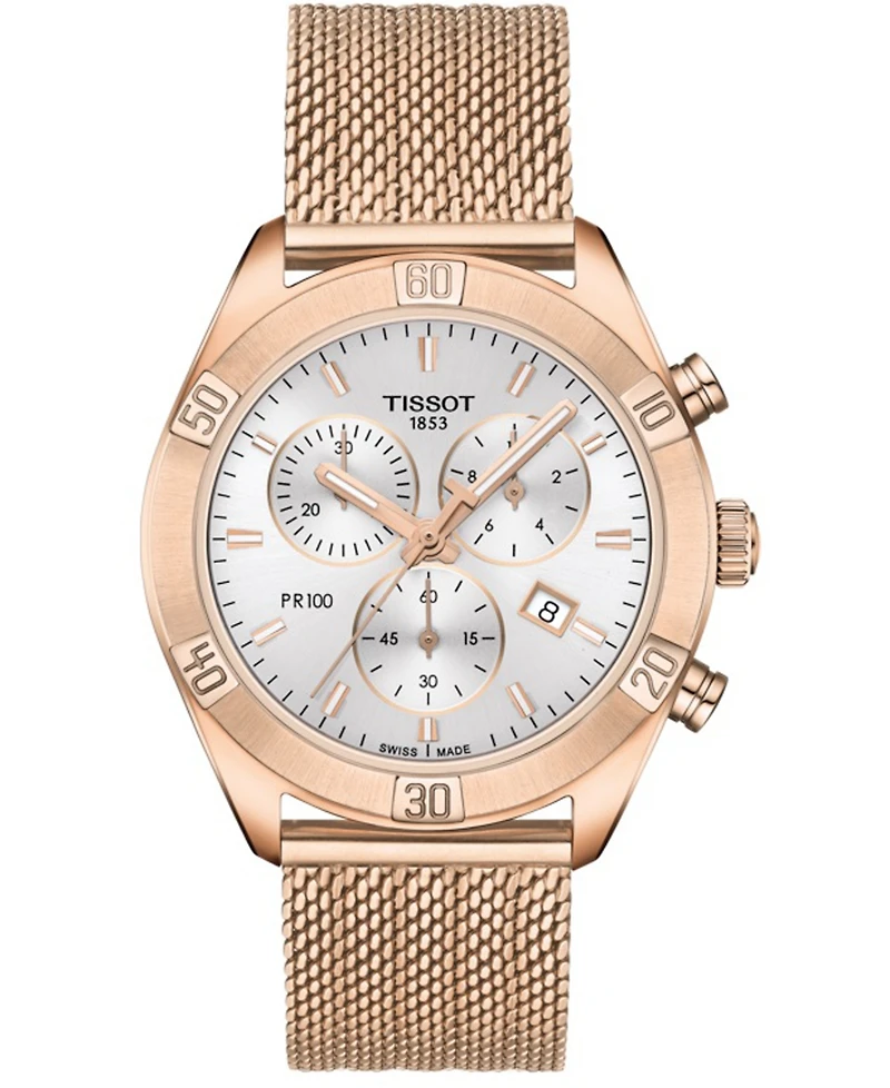 Tissot Women's Swiss Chronograph Pr 100 Sport Chic T-Classic Rose Gold-Tone Stainless Steel Mesh Bracelet Watch 38mm