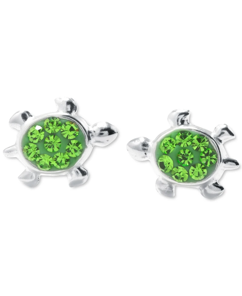 Green Crystal Pave Turtle Stud Earrings in Sterling Silver