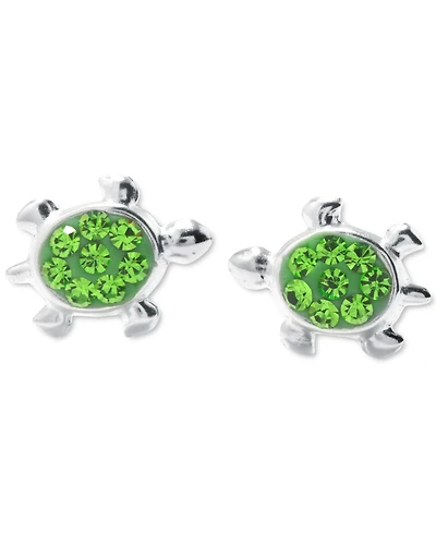Green Crystal Pave Turtle Stud Earrings in Sterling Silver