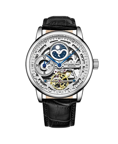 Stuhrling Men's Black Leather Strap Watch 49mm