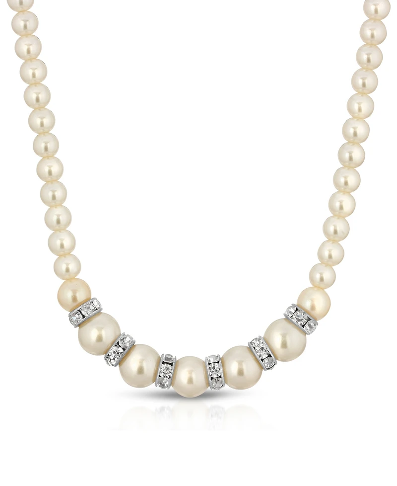2028 Silver-Tone White Graduated Imitation Pearl and Crystal Necklace