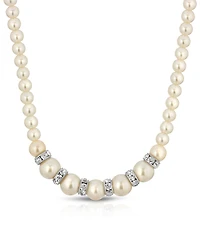 2028 Silver-Tone White Graduated Imitation Pearl and Crystal Necklace