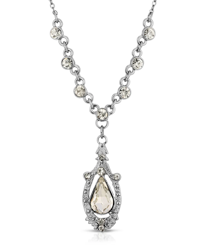 2028 Silver-Tone Crystal Suspended Teardrop Necklace