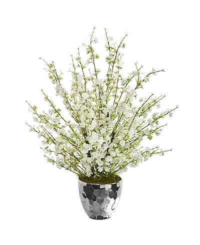 Nearly Natural 29in. Cherry Blossom Artificial Arrangement in Silver Bowl