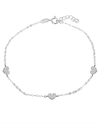 Cubic Zirconia Pave 3 Heart Station Ankle Bracelet Sterling Silver or 18K Gold-Plated