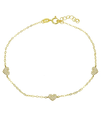Cubic Zirconia Pave 3 Heart Station Ankle Bracelet in Sterling Silver or 18K Gold-Plated Sterling Silver