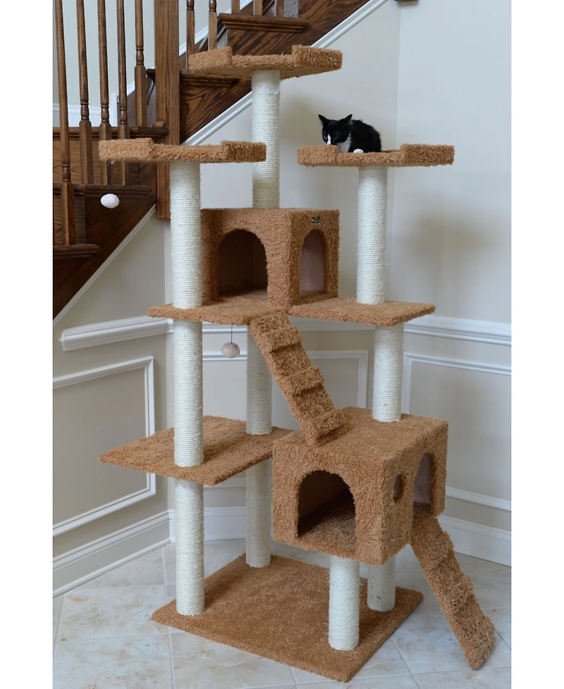Armarkat 74" Multi-Level Real Wood Cat Tree with ScratchhIng Posts, Large Platform, and Sisal Scratching Posts in Ochre Brown