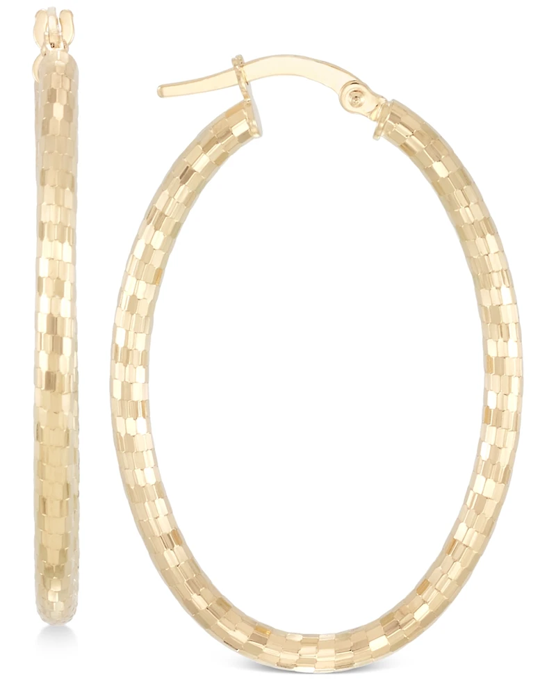 Italian Gold Oval Textured Hoop Earrings in 14k Gold
