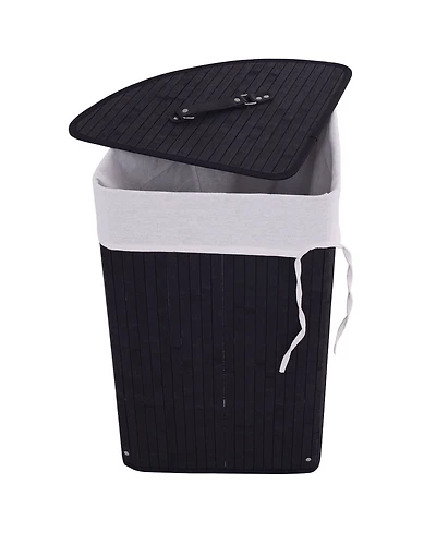 Corner Bamboo Hamper Laundry Basket Washing Cloth Bin Storage Bag Lid