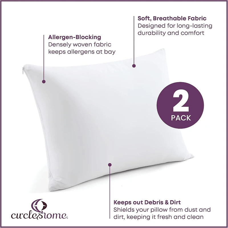 Circles Home 100% Cotton Breathable Pillow Protector with Zipper – White (2 Pack