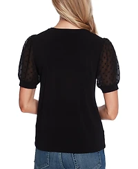 CeCe Women's Short Puff Sleeve Mixed Media Knit Top