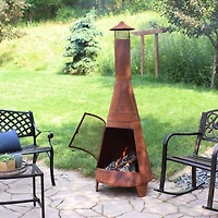 Outdoor Backyard Large Freestanding Oxidized Steel Wood-Burning Fire Pit Chiminea - 70" - Rust Finish