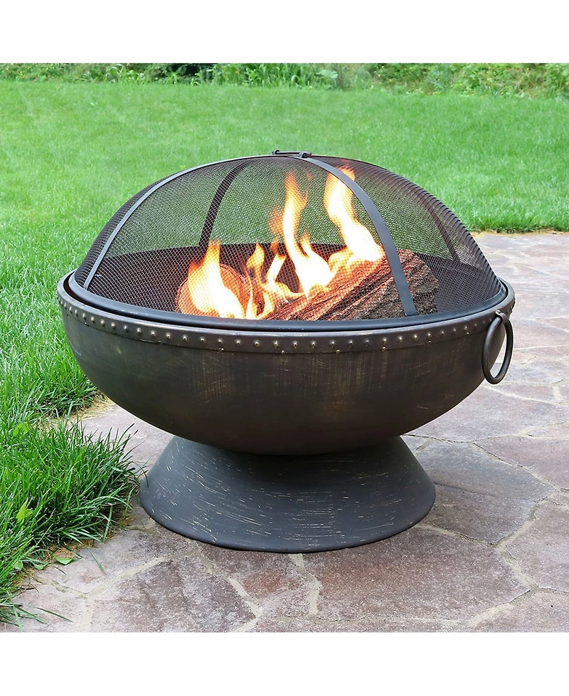 Outdoor Camping or Backyard Large Fire Pit Bowl with Spark Screen, Log Poker, and Metal Wood Grate - 30" - Bronze