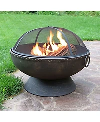 Outdoor Camping or Backyard Large Fire Pit Bowl with Spark Screen, Log Poker, and Metal Wood Grate - 30" - Bronze