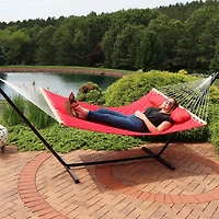 Quilted Fabric Double Hammock with 12-Foot Stand - 400-Pound Capacity - Black Stand - Red
