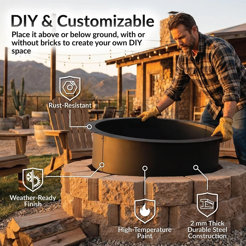 Outdoor Heavy-Duty Steel Portable Above Ground or In-Ground Round Fire Pit Liner Ring - Black