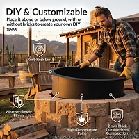 Outdoor Heavy-Duty Steel Portable Above Ground or In-Ground Round Fire Pit Liner Ring - Black