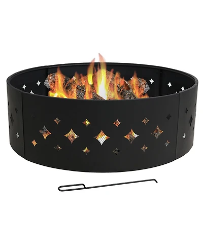 Outdoor Heavy-Duty Steel Portable Large Round Diamond Cut Out Fire Pit Ring with Log Poker - 36" - Black