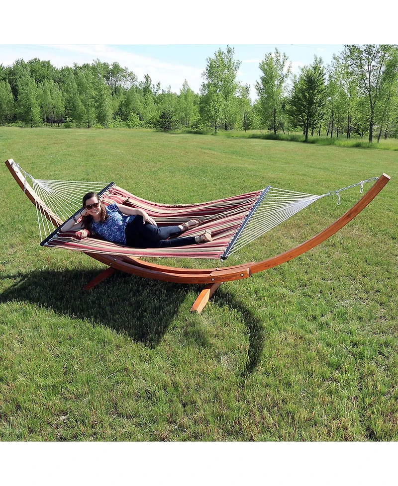 Quilted Double Fabric 2-Person Hammock with Curved Arc Wood Stand