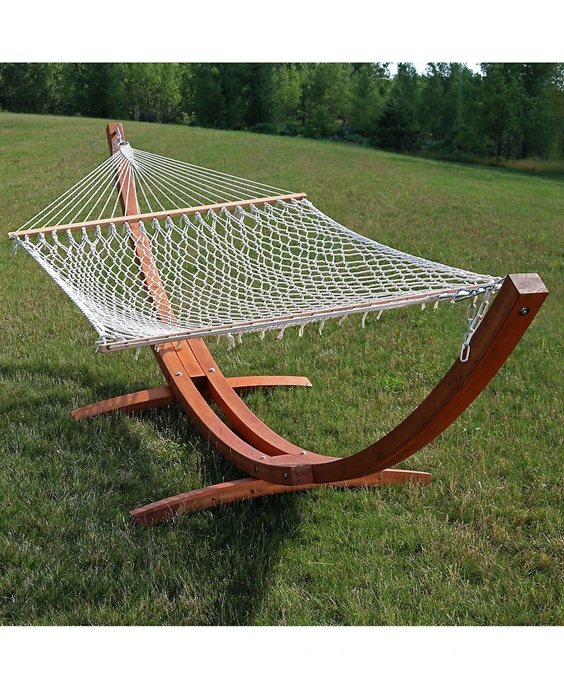 Cotton Double Wide 2-Person Rope Hammock with Spreader Bars and Curved Arc Wood Stand - 400 lb Weight Capacity /13' Stand