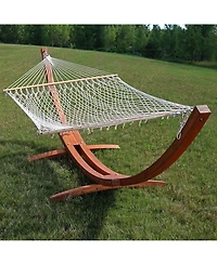 Cotton Double Wide 2-Person Rope Hammock with Spreader Bars and Curved Arc Wood Stand - 400 lb Weight Capacity /13' Stand